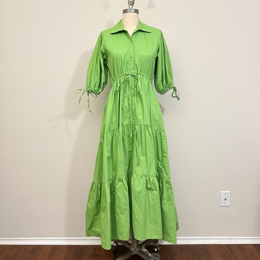 BAIIA Maxi Shirt Dress Apple Green Tiered Drawstring Puff Sleeve